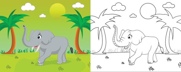 Naklejka premium Cute cartoon elephant coloring page with line art, kids activity page vector illustration