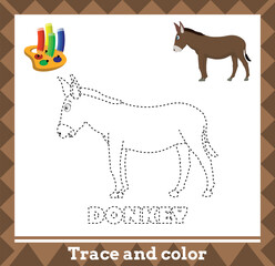 Trace and color for kids, donkey vector kids activity page