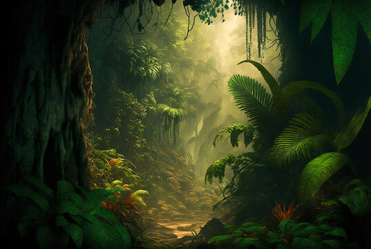 Fototapeta Fantasy forest jungle scene AI Generative  