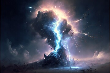 Obraz premium a large tree with lightning coming out of it's trunk in the middle of a dark sky with clouds and lightnings coming out of it.