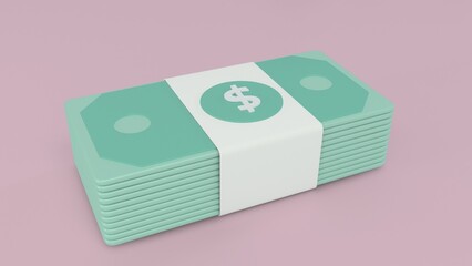 Money pack, banknotes on pink background, business investment profit, money savings concept. 3d rendering.
