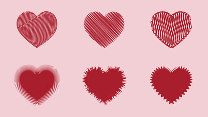 Set of different shaped hearts isolated on pink background. Design elements for Valentine's day. Vector illustration.