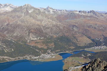 View on the Piz Corvatsch which is a mountain in the Bernina Range of the Alps, overlooking Lake...