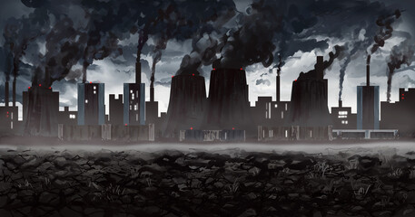 Apocalyptic industrial environment with smog and fumes Illustration - 558946865