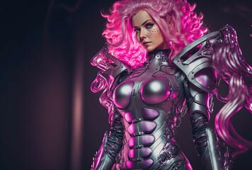 Fototapeta na wymiar Pink Woman in Futuristic Armor. Generative AI, non-existent person.