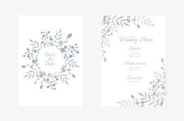 Wedding Invitation cards. Light blue Watercolor style collection design, invitation and menu template.