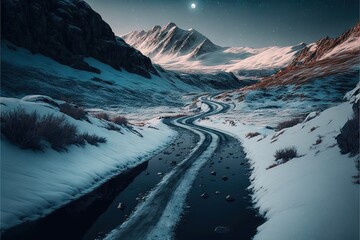 a long road in the middle of a snowy mountain range with a moon in the sky above it and a mountain range in the background with snow on the ground and a snow covered ground below it.