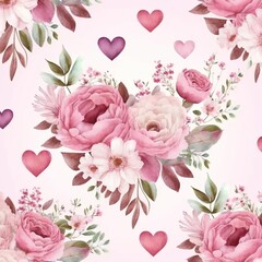 Valentine's Day Floral Seamless Pattern, Pink Watercolor Repeat Pattern.Generative AI