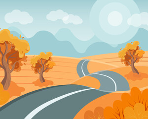 Naklejka na ściany i meble Road among fields and trees, going into the distance, autumn landscape. Illustration, clip art, vector
