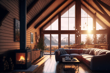 Fototapeta premium Scandinavian interior of chalet wooden living room with big windows overlooked winter forrest, fireplace and cosy atmosphere. Content for Real estate companies.