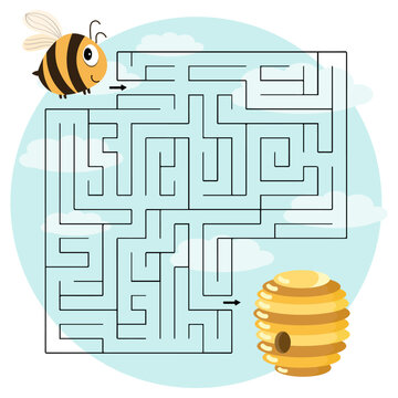 Children's maze with animals, cute bee and beehive. Illustration, vector