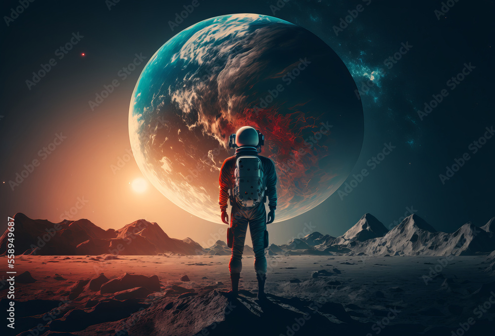 Wall mural an astronaut standing on the moon looking at a large earth like planet. generative ai