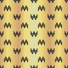 South Korean Won icon seamless vector pattern background. Black simple Korean currency symbol gold foil effect backdrop. Financial money sign all over print. Repeat design for business, banking.