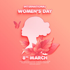 vector paper style international women's day with  silhouette pink bacground color