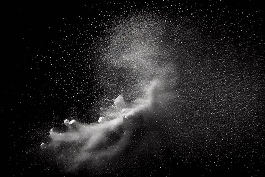 Explosion of white dust powder and particles on black background asset and mask for mattepainting and vfx