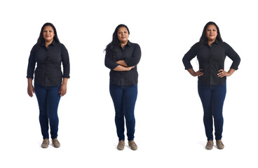 front view of various poses of same woman standing on white background