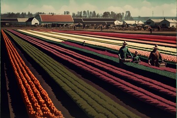 a couple of people are in a field of flowers with a tractor in the middle of the field and a barn in the background with a few buildings in the distance.