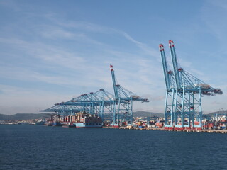 Blue cranes in port of european Algeciras city in Cadiz in Spain