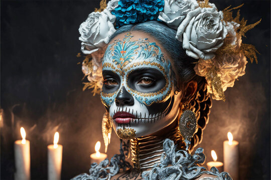 Sugar Skull, Calavera, to celebrate Mexicans Day of the Dead, dia de los muertos , 3d print, Santa Muerte, generative ai