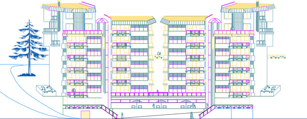sketch vector illustration of 7 storey apartment building