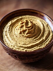 Hummus dip with chickpea and parsley in a traditional ceramic bowl on wood surface with toasted bread slices and olive oil on wooden board. Added spices.