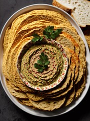 Hummus dip with chickpea and parsley in a traditional ceramic bowl on wood surface with toasted bread slices and olive oil on wooden board. Added spices.