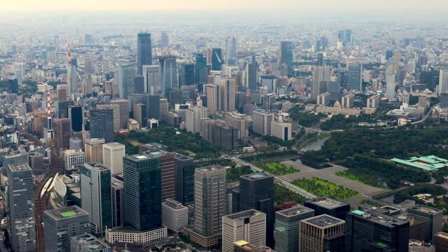 Aerial view of Chiyoda City, Marunouchi district, Tokyo Japan with a view of Tokyo Station