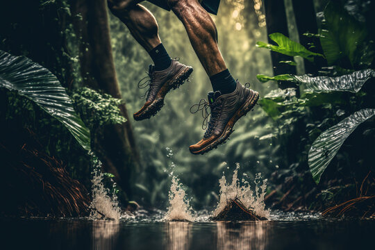 A runner feet is jumping across the water pond during running on the trail route with rainforest jungle environment background, extreme sport or adventure activity action. Generative Ai image.