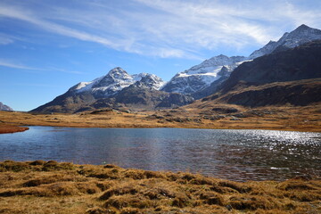 View on the Bianco Lake which is a reservoir at the Bernina pass in the Swiss canton of Graubünden