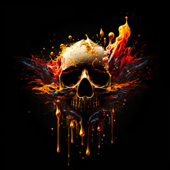 Skeleton. Golden skull and oil splash. Abstraction digital art.
