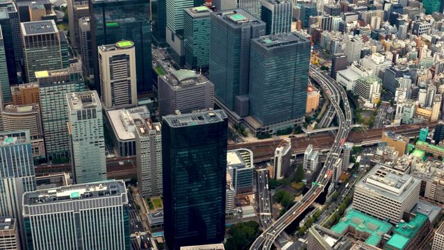Aerial view of Chiyoda City, Marunouchi district skyscrapers in Tokyo Japan
