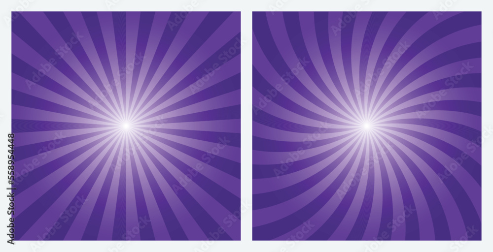 Poster Indigo Purple rays background. Deep Purple sunburst pattern background set. Radial and swirl retro style background  in pop art style.