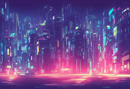 illustrazione creata con intelligenza artificiale di città futuristica con colori al neon in stile tron © garpinina