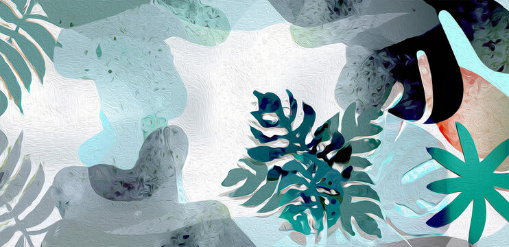 illustrazione creata con intelligenza artificiale di sfondo o carta da parati, tappezzeria con foglie di banano schizzi di colore in stile dipinto a olio