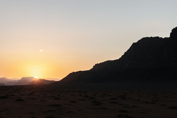 Sunset at the Wadi Rum desert landscape in Jordan