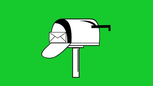 animation of classic mailbox with a letter envelope, drawn in black and white. On a green chrome key background