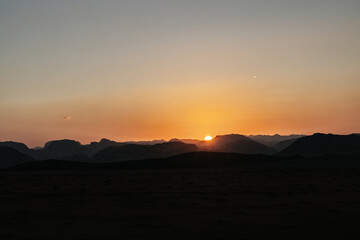 Sunset at the Wadi Rum desert landscape in Jordan