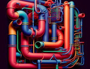 Layers of Multi Colored tubes, mesh, connected pipes, on a dark background
Generative Ai