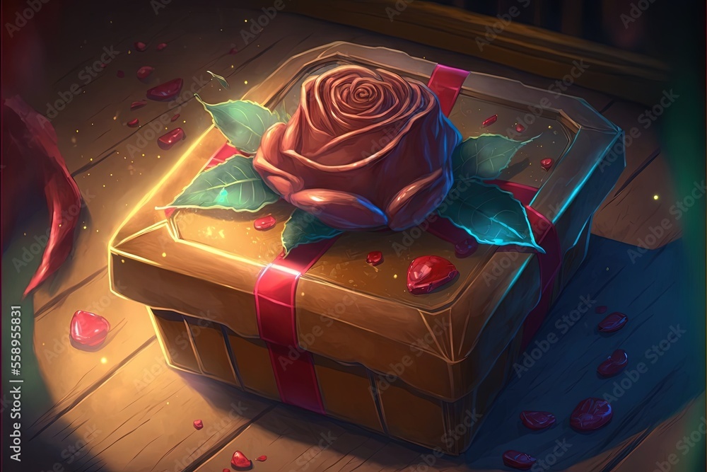Poster a rose sitting on top of a box on a wooden floor with drops of water around it and a ribbon around t