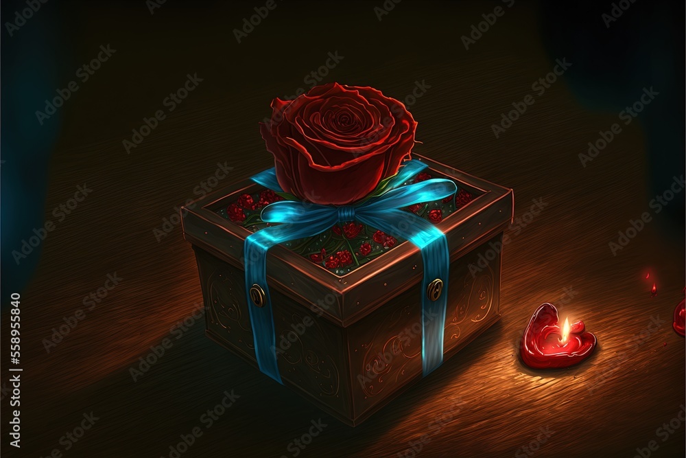 Aufkleber a red rose sitting on top of a box with a blue ribbon around it and a candle next to it on a table w