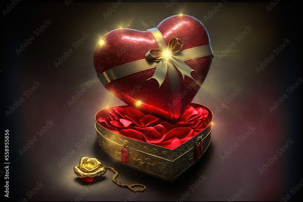 Poster a heart shaped box with a bow and a ribbon on it with a gold rose in it and a gold rose in the middl