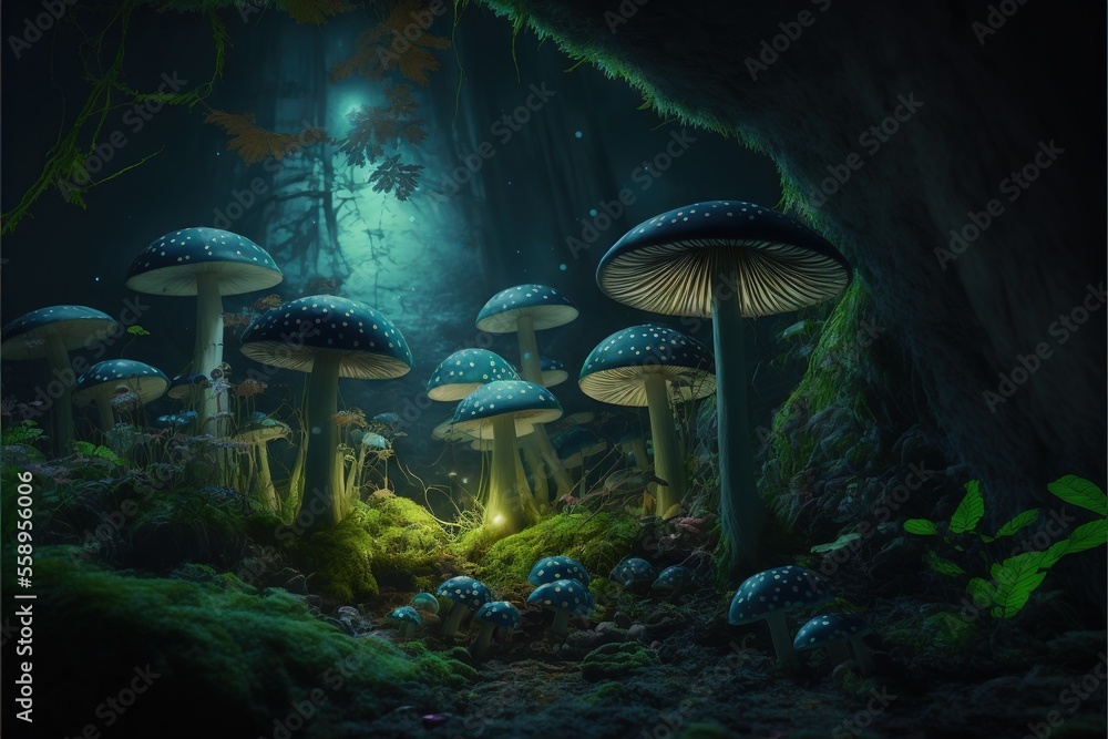 Aufkleber a group of mushrooms in a forest with a light shining on them and a person standing in the middle of