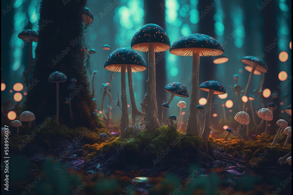 Poster a group of mushrooms in a forest with lights on them and moss growing on the ground in front of them