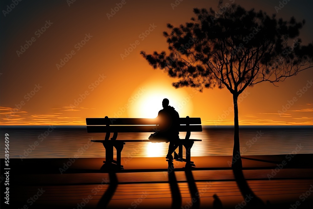 Aufkleber  a man sitting on a bench next to a tree at sunset with the sun setting behind him and a tree in the foreground with a person sitting on a bench looking at the water. Generative AI