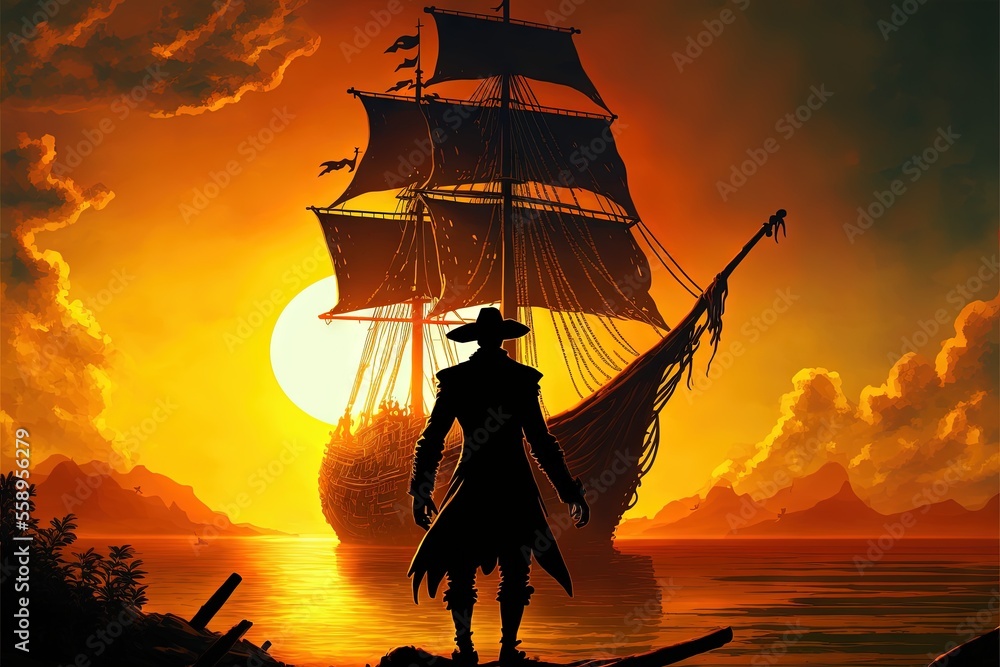 Poster a pirate standing on a rock in front of a ship at sunset with the sun setting behind it and clouds i