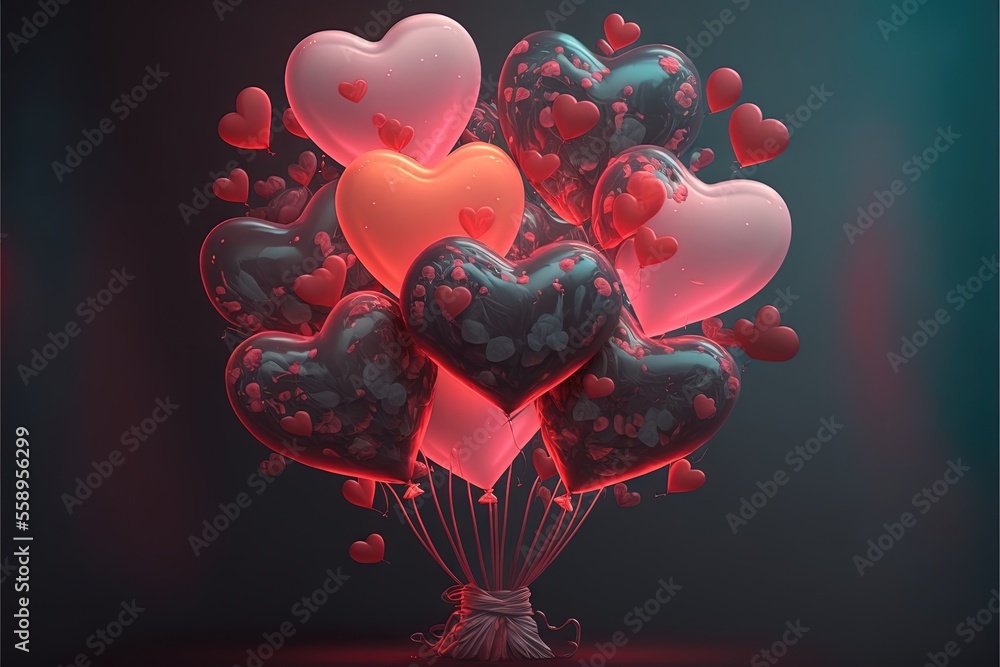 Aufkleber a bunch of heart shaped balloons floating in the air with a dark background and a red light behind t