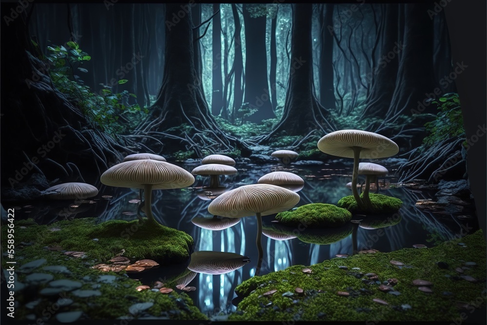 Poster a group of mushrooms sitting on top of a forest floor next to a river in the middle of a forest fill