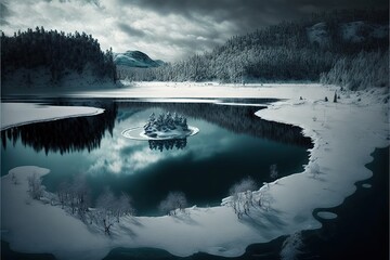 a boat floating on top of a lake surrounded by snow covered mountains and trees in the distance with a cloudy sky above it and a forest covered with snow covered area below it.
