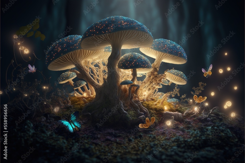 Poster a group of mushrooms with glowing lights in the forest at night time with butterflies flying around 