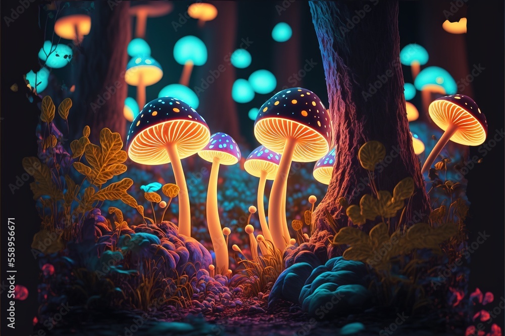 Poster a painting of a forest with glowing mushrooms and trees in the background at night time with bright 
